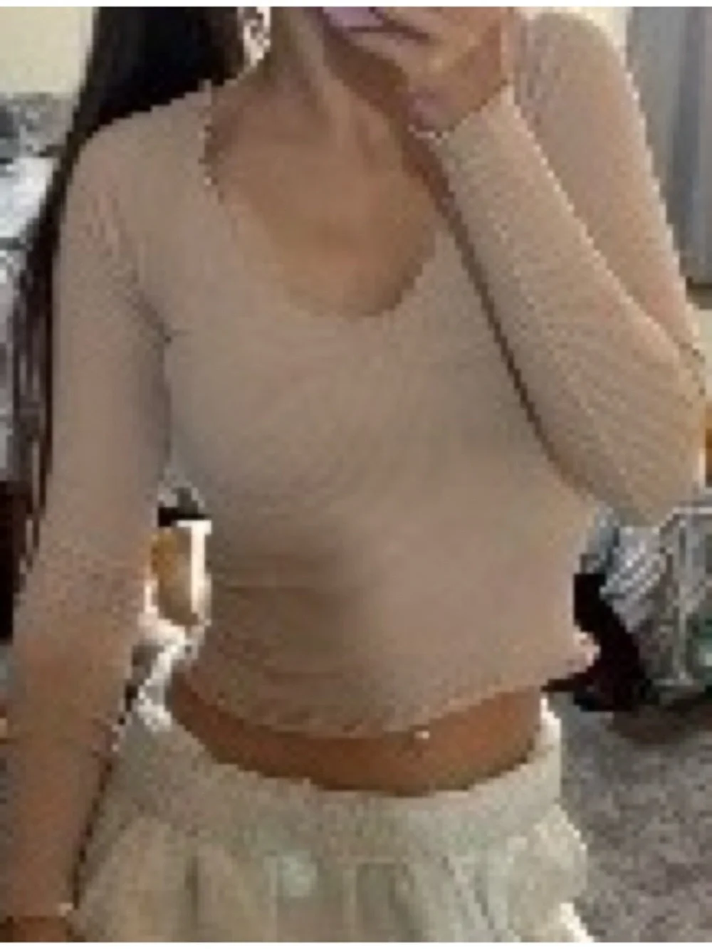 Free People Ribbed Lettuce-Edge Long Sleeve Top in Light Blush